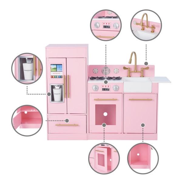 Teamson Kids Little Chef Charlotte Wooden Play Kitchen Set for Toddlers. Pretend Cooking Playset with Stove. Sink &amp; Fridge. Pink/Gold