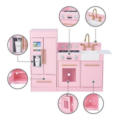 Teamson Kids Little Chef Charlotte Wooden Play Kitchen Set for Toddlers. Pretend Cooking Playset with Stove. Sink &amp; Fridge. Pink/Gold