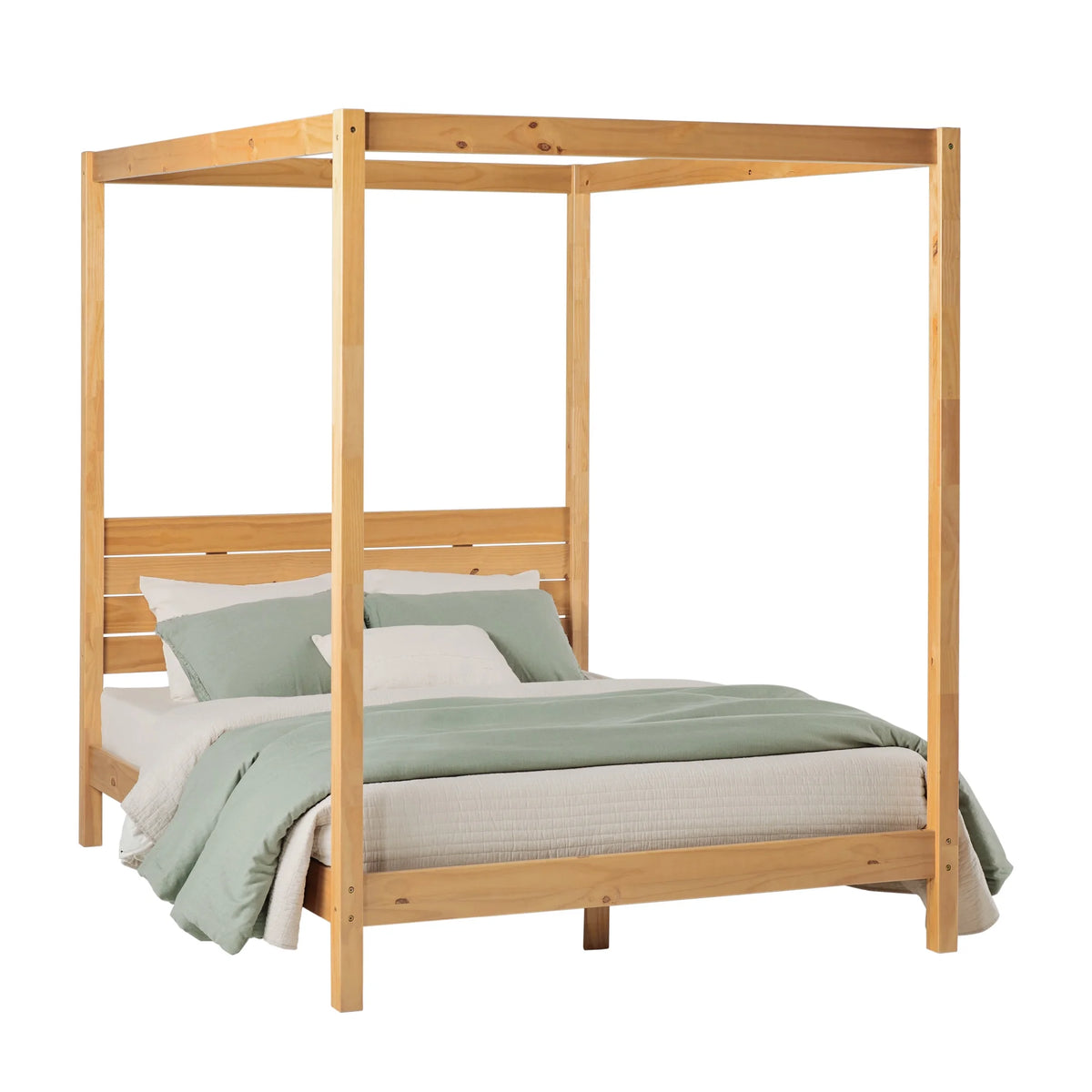 Walker Edison Minimalist Slatted Wood Queen Canopy Bedframe, Natural Pine