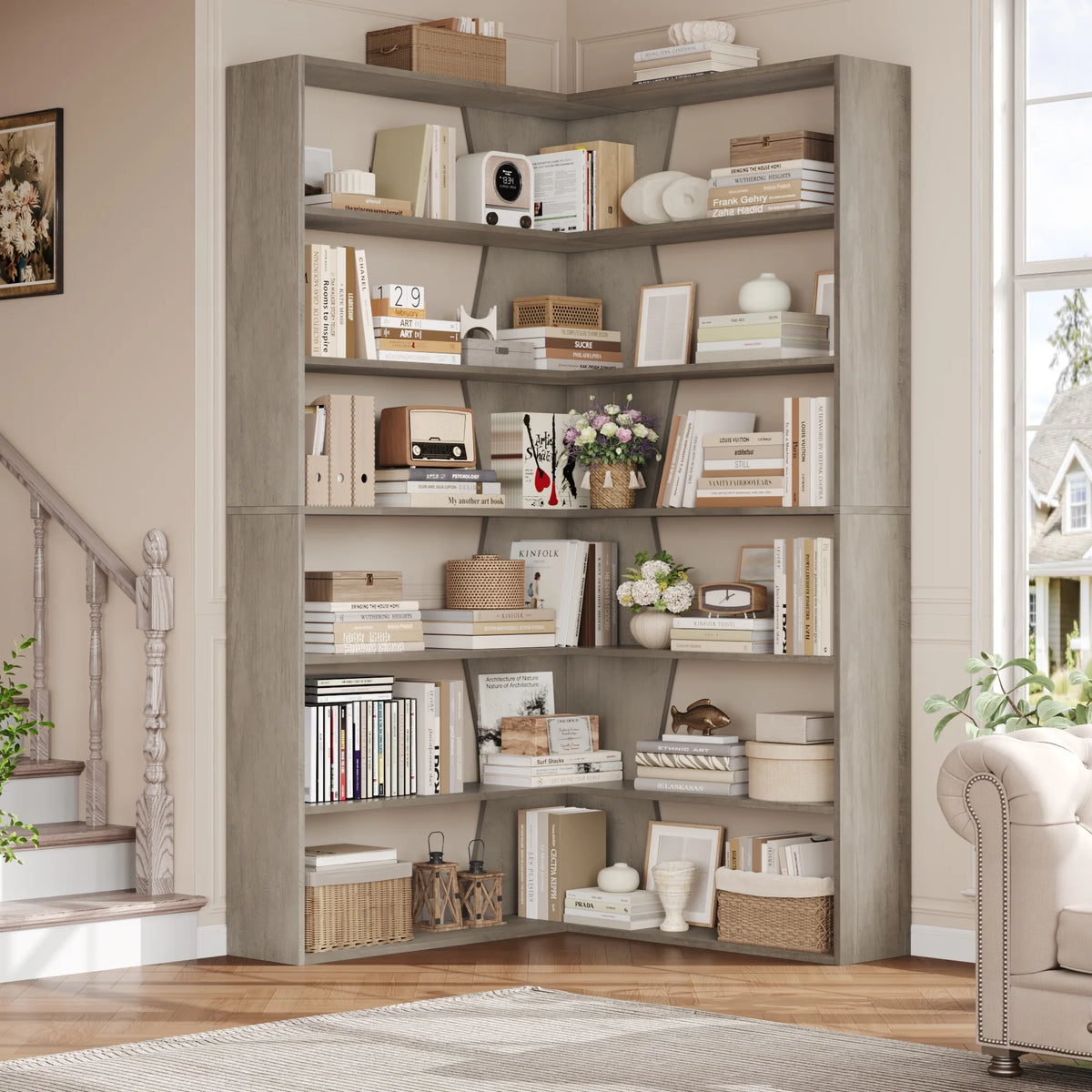 Homfa 6-Tier Corner Bookcase, L-Shaped Bookshelf with Baffle, Storage Display Rack for Office Living Room, Gray
