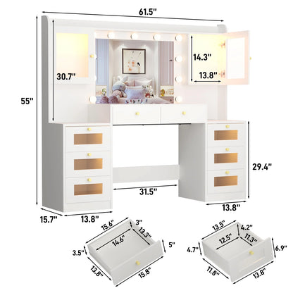 ChVans 62'' Large Vanity Desk with Tempered Glass Top, 11 LED Bulbs, Charging Station, Bedroom Makeup Vanity with 3 Lights Mode LED Mirror, 6 Translucent Drawers, 2 RGB cabinets for Women, Girls Gift