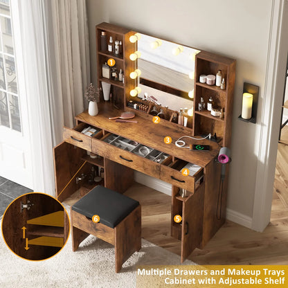 VEANERWOOD Large Makeup Vanity Set with Light Modern Makeup Vanity Table with Storage and Adjustable Lighting Colors for Bedroom 45.2in, White