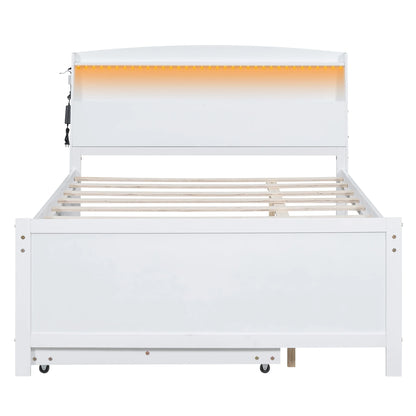 Euroco Wood Twin Size Platform Bed with Storage Headboard, Drawers Trundle and LED Light, White