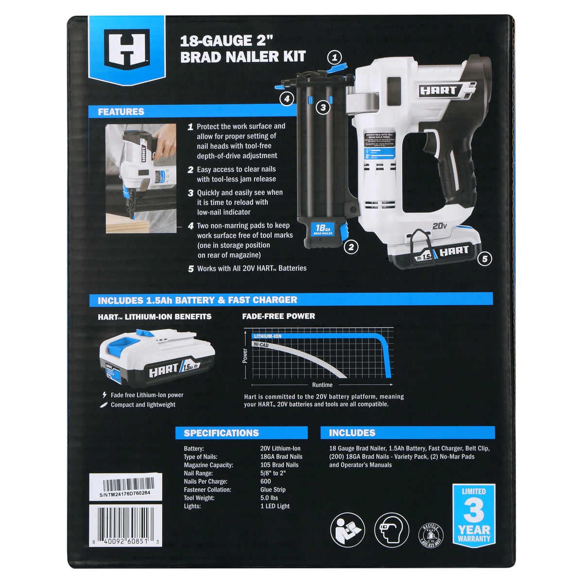HART 20-Volt 2-inch 18-Gauge Battery-Powered Brad Nailer Kit, (1) 1.5Ah Lithium-Ion Battery