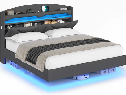 King Size Bed Frame with Storage Headboard and LED Lights,Upholstered Platform Bed with USB Port Charging,Headboard with Shelves Hidden Storage,Noise-Free,Dark Grey