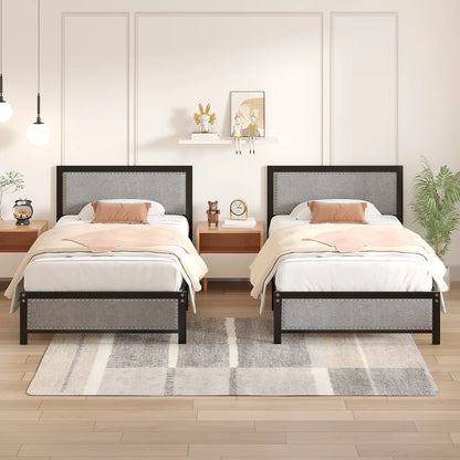 VECELO Queen Size Bed Frame Metal Platform Bed with Upholstered Headboard, No Box Spring Needed, Black