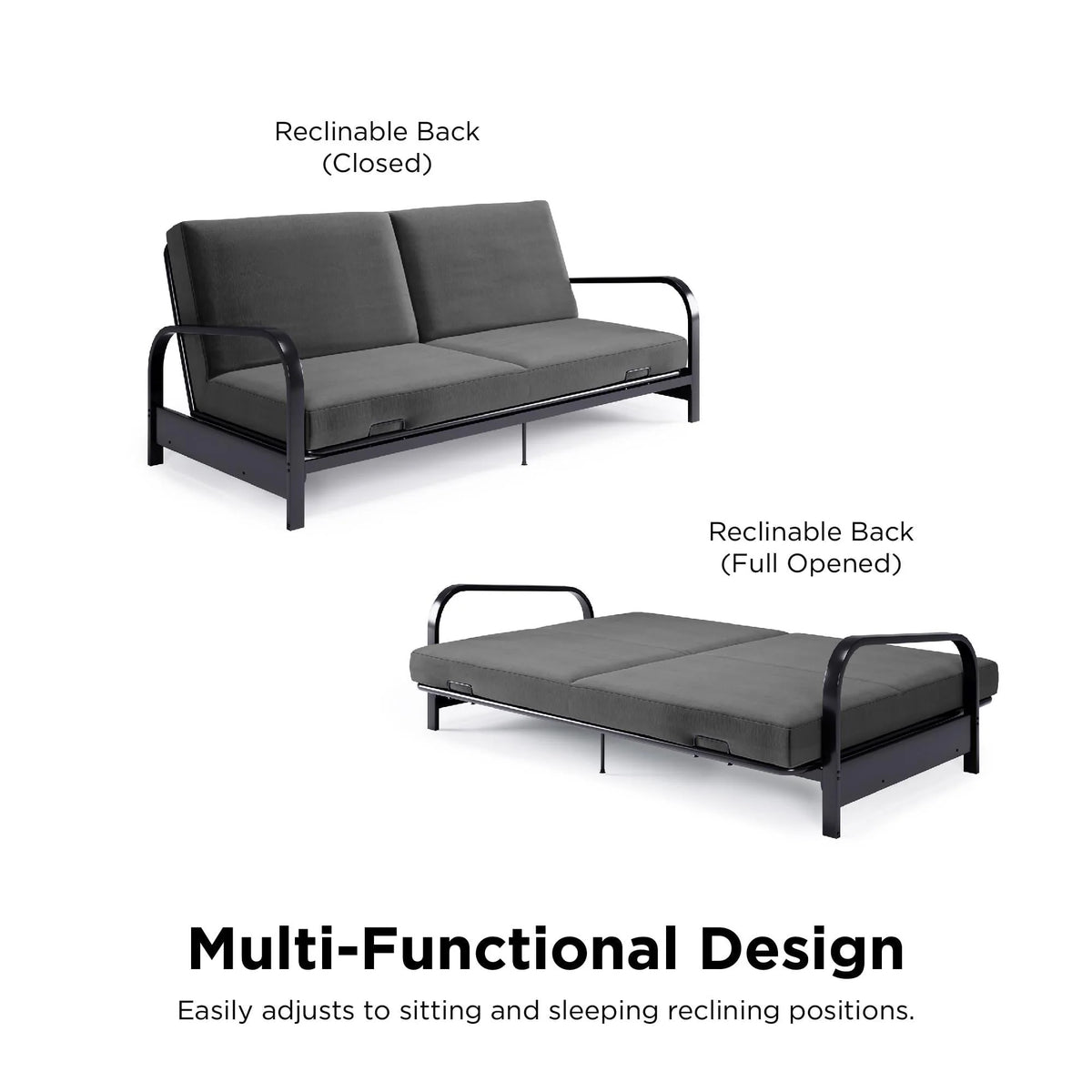 DHP College Metal Arm Futon, Black Frame with Gray Mattress