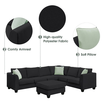 Harper & Bright Designs Modular Sectional Sofa with Ottoman Couch L Shape Corner Sofa Sets 7 Seats Fabric Couch for Living Room, Black, 112 * 87 inch
