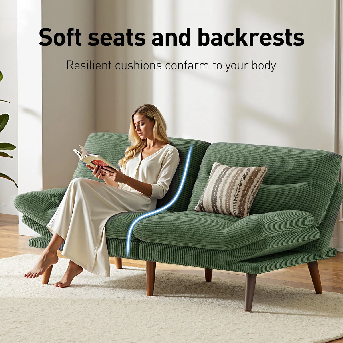CHITOOMA 66" Futon Sofa Bed with Adjustable Backrest and 6-Level Armrests, Grey Corduroy Convertible Futon Couch, Comfy Loveseat for Small Spaces, Apartment or Office