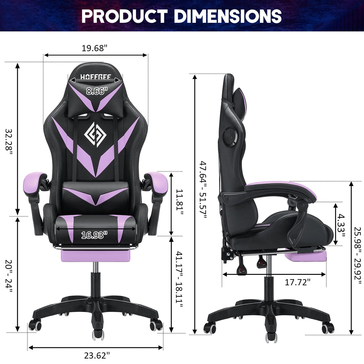Hoffree Gaming Chair with Speakers PU Leather Office Chair with Footrest and LED Lights Ergonomic Gamer Chair with Massage Lumbar Support and Headrest Adjustable Swivel for Home Office 300lb