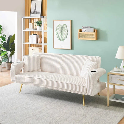 FFH Modern Corduroy Futon Sofa Bed with Adjustable Backrest,Convertible Loveseat Sleeper,Soft Couch with Drop-Down Table and Cup Holder for Living room,Pink