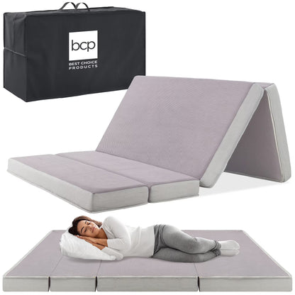 Best Choice Products 4in Thick Folding Portable Twin Tri-Fold Mattress w/ Carry Case, Washable Cover - Gray