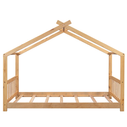 Euroco Wood House-Shaped Twin Platform Bed for Kids, Low Profile House Bed, No Box Spring Needed, Wood Color