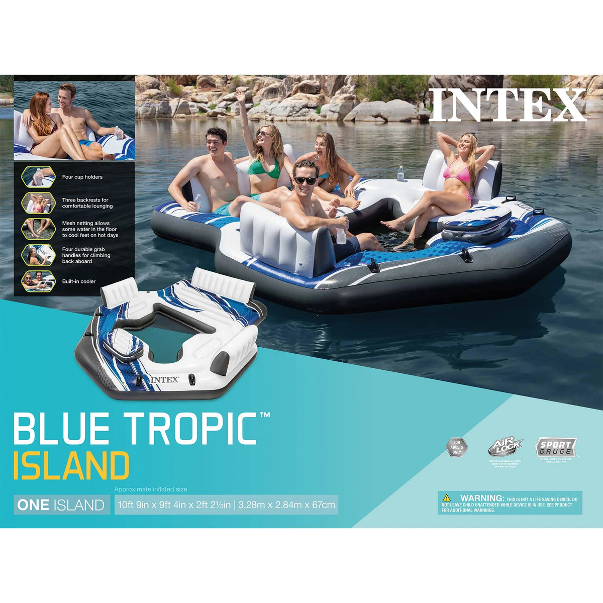 Intex Blue Tropic Inflatable Lake Island Float with Cooler and Cupholders