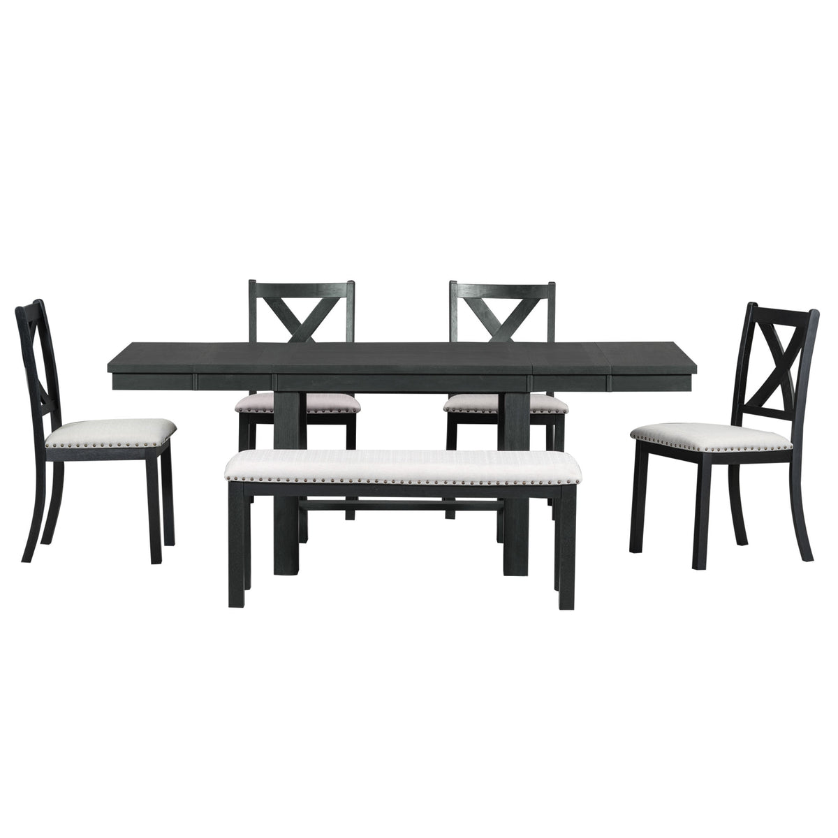 6 Piece Extendable Dining Table Set, Atumon Wood Dining Room Set for 6, Dining Table Set with 4 Beige Cushioned Chairs and Bench, Farmhouse Dining Table Set Furniture for Kitchen Dining Room, Natural