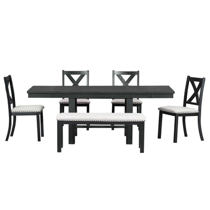 6 Piece Extendable Dining Table Set, Atumon Wood Dining Room Set for 6, Dining Table Set with 4 Beige Cushioned Chairs and Bench, Farmhouse Dining Table Set Furniture for Kitchen Dining Room, Natural