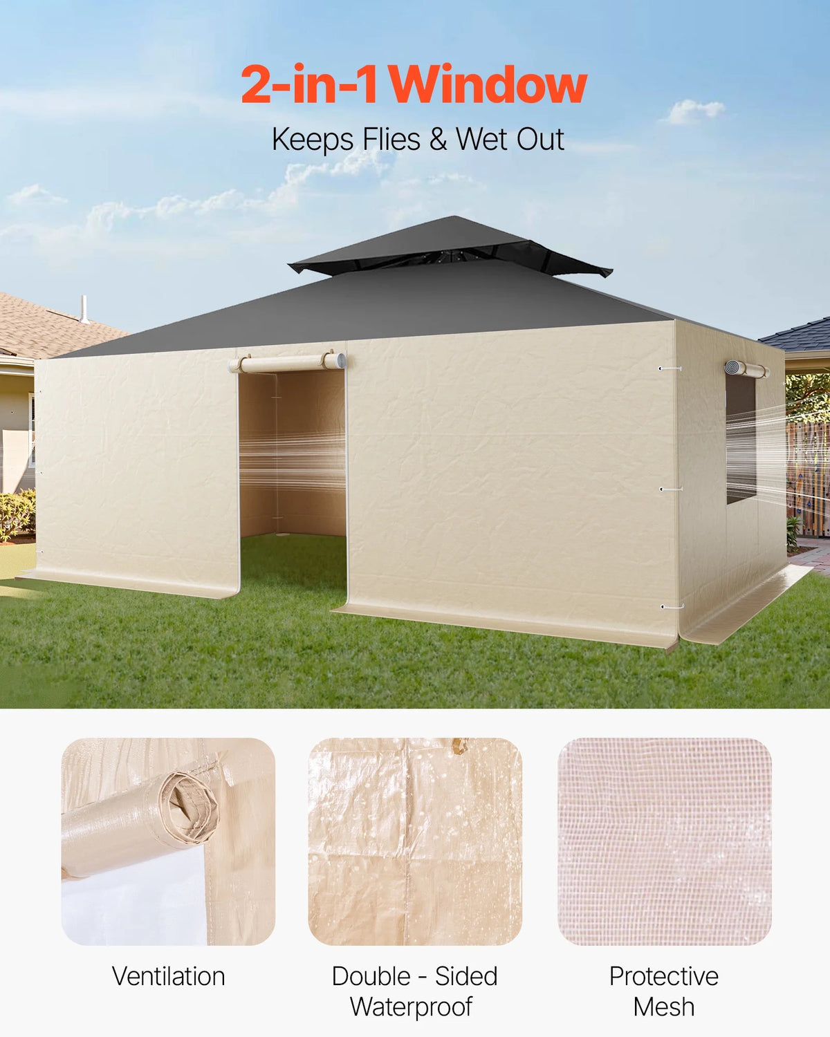 VEVOR Gazebo Sidewall Fits 12 x 20 ft Gazebos, 4-Panel Winter Cover Side Walls for Hardtop Gazebo, High-Density PE Material, All Weather Outdoor Cover with Mesh Windows, Gazebos not Included