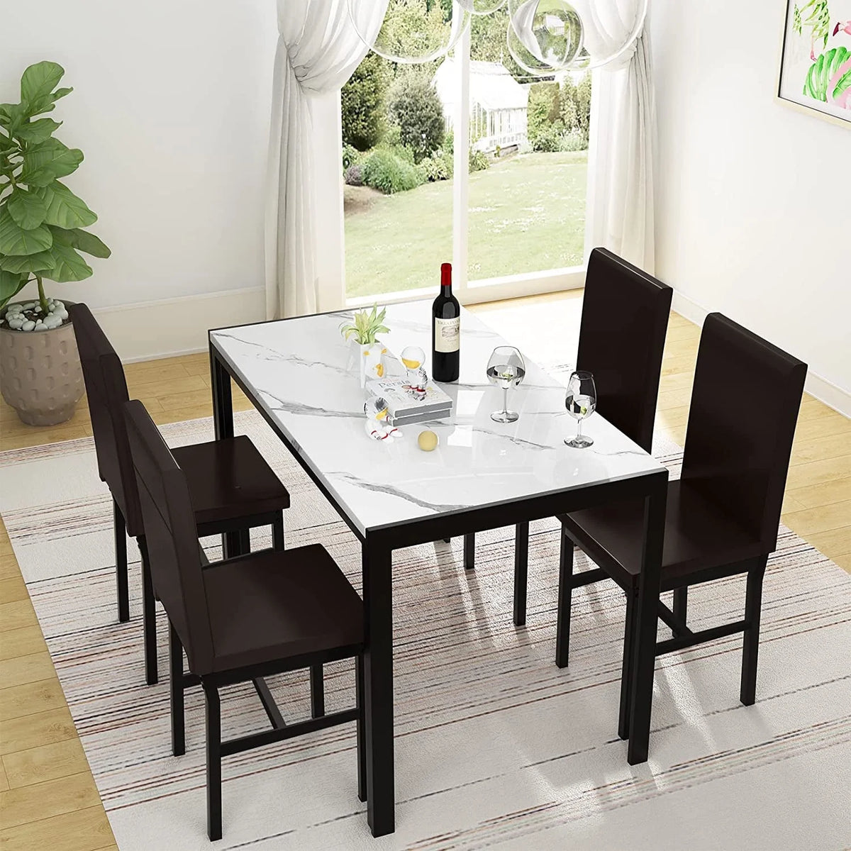 AWQM Dining Table Set of 4, Faux Marble 5 Piece Dining Room Table Set with PU Leather Chairs, Rectangular Kitchen Table Set for Apartment, Dining, White