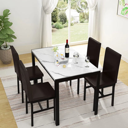 AWQM Dining Table Set of 4, Faux Marble 5 Piece Dining Room Table Set with PU Leather Chairs, Rectangular Kitchen Table Set for Apartment, Dining, White
