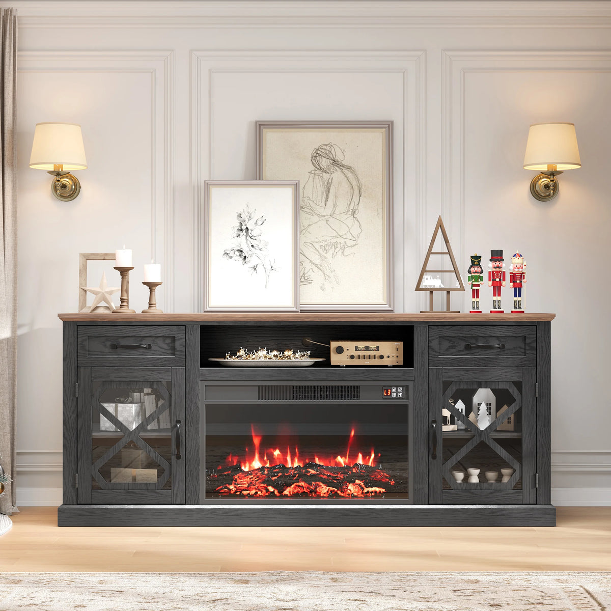 PAPROOS Fireplace TV Stand for 65 Inch TV, Modern Farmhouse TV Cabinet with 23'' Electric Fireplace, Entertainment Center Television Console Table for Living Room, Black+Brown