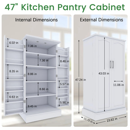 47 Kitchen Pantry Cabinet, White Buffet Cupboards Sideboard with Doors & Adjustable Shelves, Kitchen