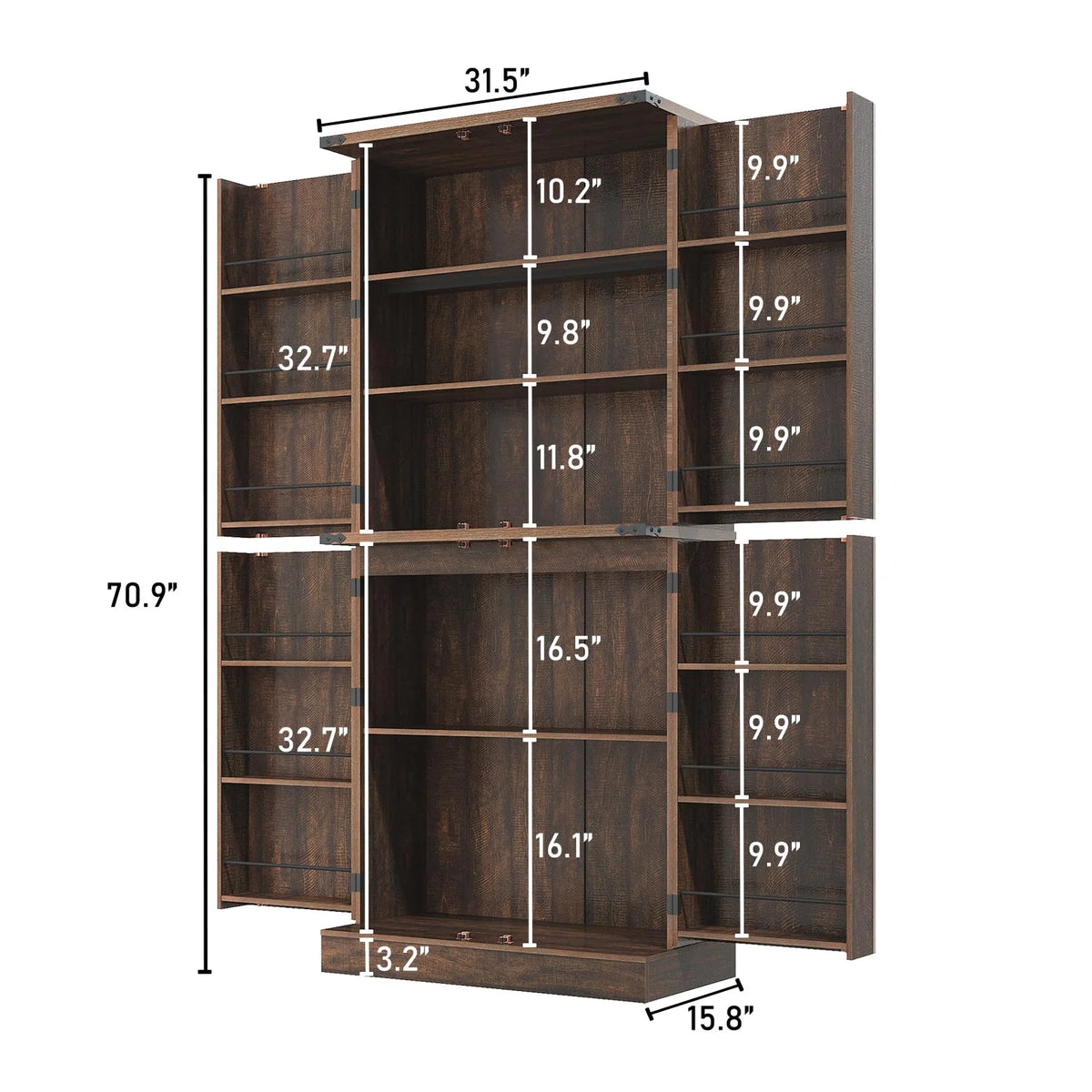 71" Tall Farmhouse Kitchen Pantry with 12 Side Shelves & Adjustable Shelves, 5 Layers Pantry Storage Cabinet w/Load-Bearing Steel Pipe & 4 Barn Doors for Kitchen, Dining Room, Living Room, Brown