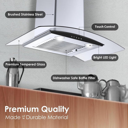 Tieasy 30-Inch Wall-Mounted Range Hood, 450CFM, Stainless Steel, 3-Speed Exhaust with Dishwasher-Safe Filter
