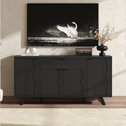 63" Sideboard Buffet Cabinet, Kitchen Buffet Storage Cabinet, Mid Century Modern Storage Cabinet with 4 Doors & Shelves, Wood Coffee Bar Console Wine Bar for Living Room, Kitchen,Hallway,Black