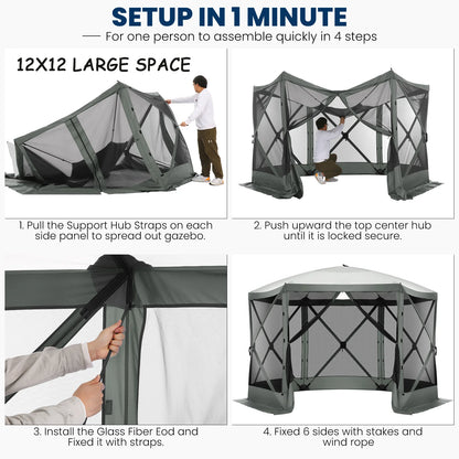 COBIZI 12'x12' Pop-up Gazebo Outdoor Camping Tent with 6 Sides Mosquito Netting, Waterproof, UV Resistant, Portable Screen House Room, Easy Set-up Party Tent with Carry bag, Ground Spike, Brown