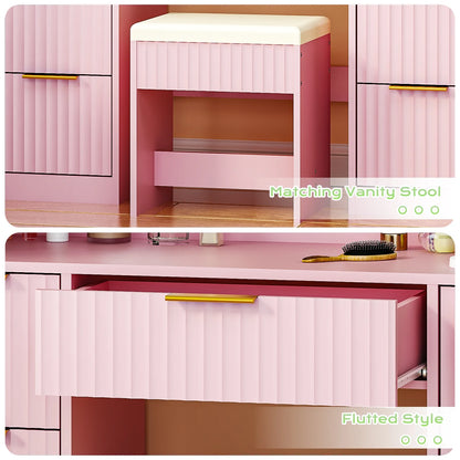 Ktaxon Flutted Makeup Vanity Table Set with 5 Drawer, Dressing Table w/Charging Station, Vanity Desk for Femal Gift, White