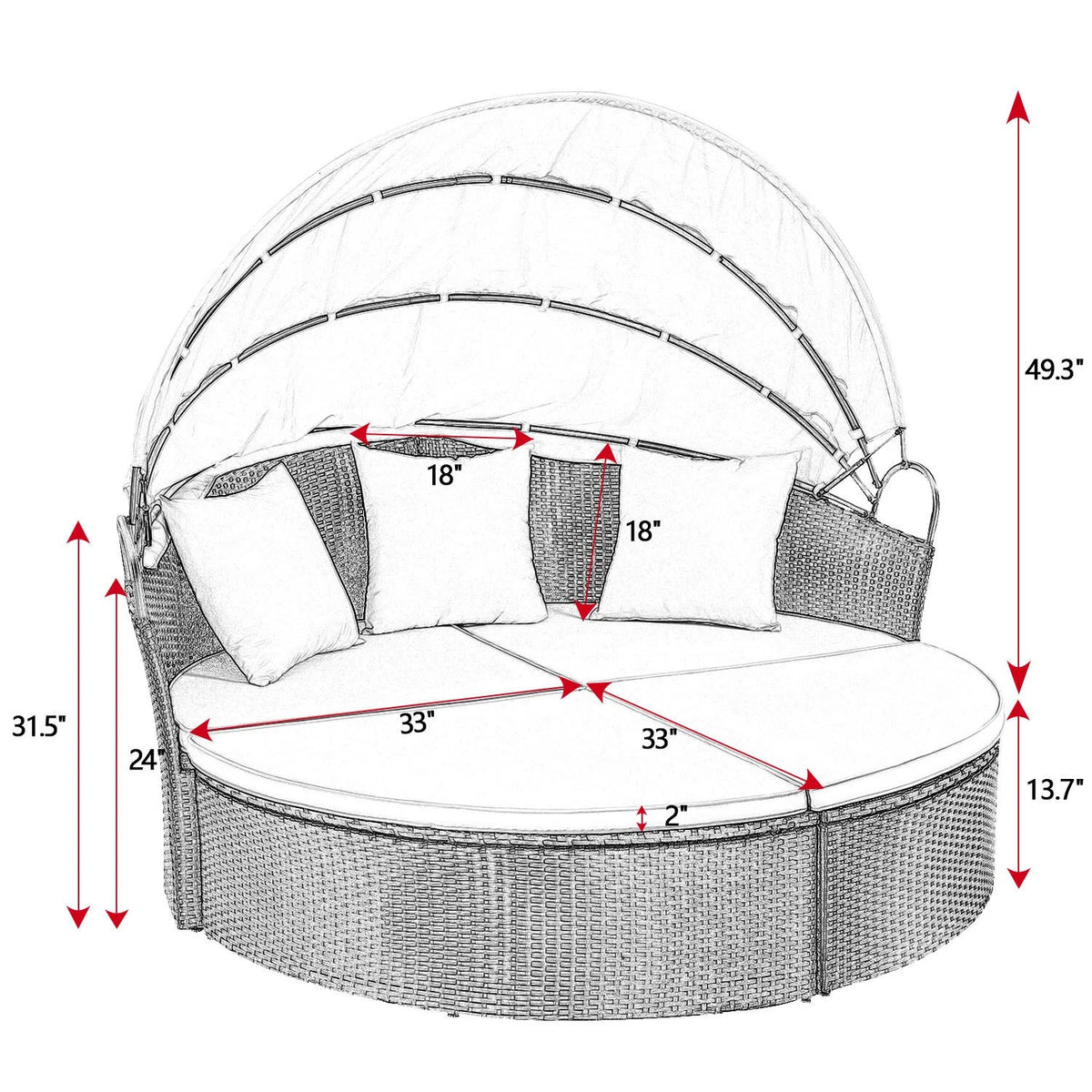 Lacoo Outdoor Patio Round Daybed with Retractable Canopy Wicker Furniture Sectional Seating with Washable Cushions for Patio Backyard Porch Pool Daybed Separated Seating (Beige)