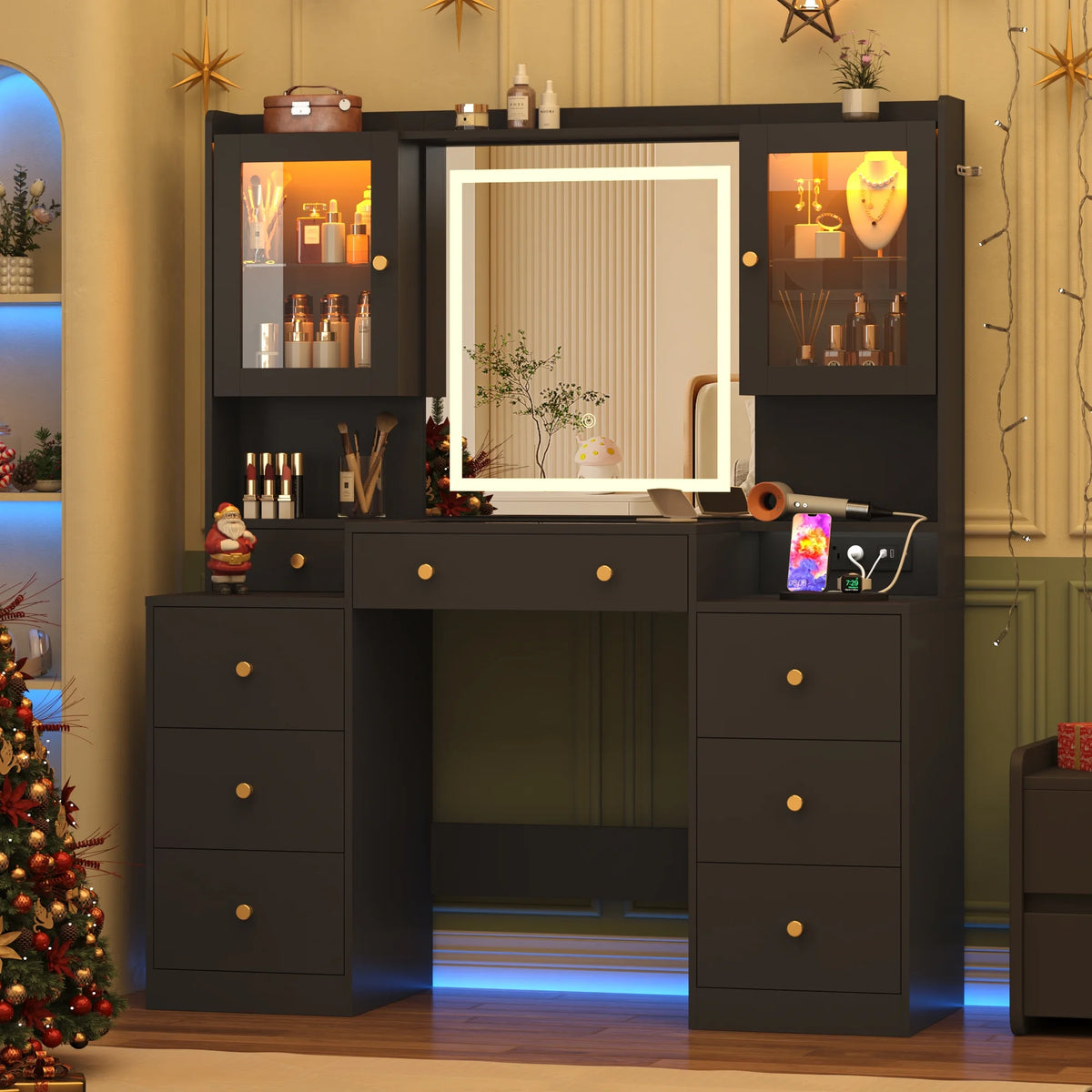 ChVans 62'' Large Vanity Desk with Tempered Glass Top, 60000-color LED Lights, Charging Station, White Makeup Vanity with 3 Lights Mode LED Mirror, 9 Drawers, 2 RGB cabinets for Women, Girls Gift