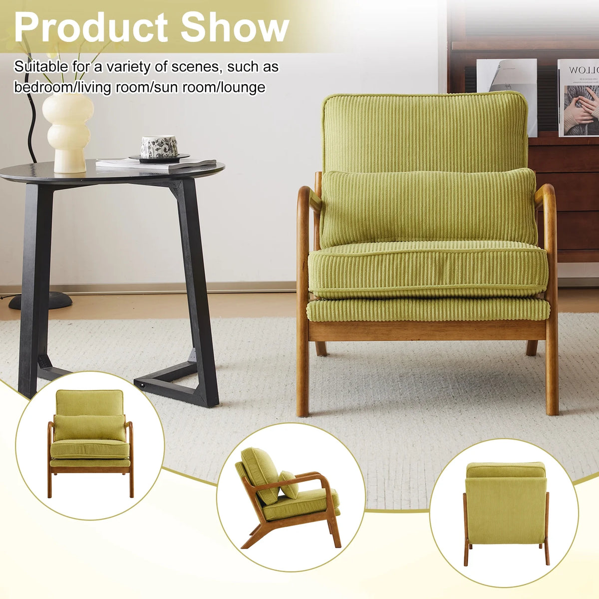 Ktaxon Accent Chair Corduroy Upholstered Armchair, Reading Club Chair with Pillow and Solid Wood Frame for Living Room Bedroom Furniture Off White