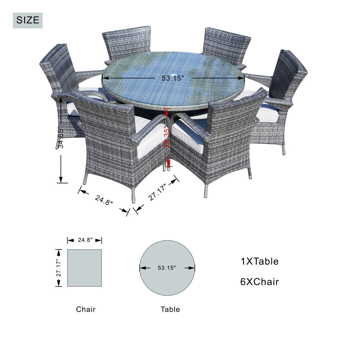 Direct Wicker 7 Piece Patio Dining Set with Rattan Chairs and Cushions, Grey