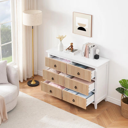 Homhougo White Dresser for Bedroom 6 Drawer, Wood Organizer Storage Cabinet with Gray Strip Drawer Door, Chest of Drawers for Closet, Living Room, Hallway, Nursery, Kids Bedroom