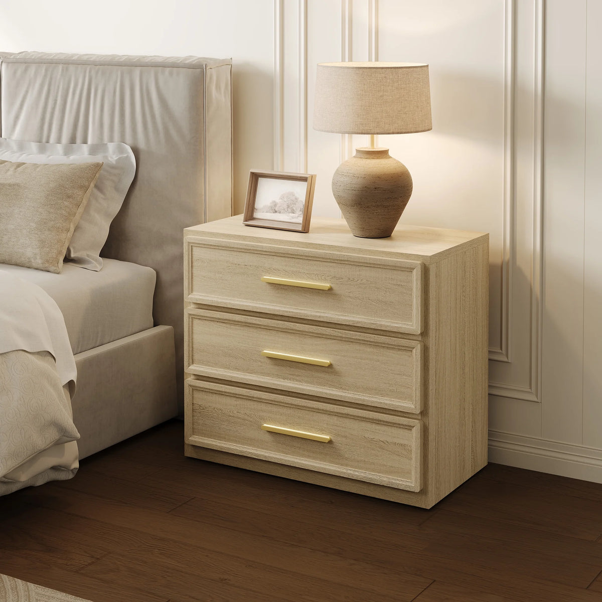 SICOTAS 31.3" W 3-Drawer Nightstand Set of 2 with Oversized Large Storage , Modern Night Stands Bedside Table with Adjustable Feet & Gold Handles for Bedroom Living Room Entryway, Light Oak