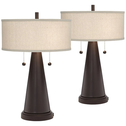 Franklin Iron Works Craig Rustic Farmhouse Accent Table Lamps 23" High Set of 2 Bronze with USB Charging Port Natural Drum Shade for Bedroom Desk