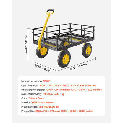KFFKFF Mesh Steel Garden Cart 1200 Lbs, 43.3 x 29.5 " Heavy Duty Utility Wagon Cart, Pullable Metal Garden Trolley with 13' All Terrain Tires, Removable Mesh Sides, 180��Swiveling Handle (Green)