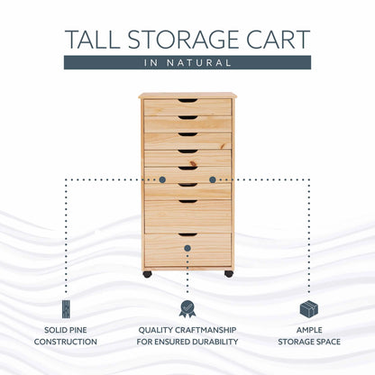 Linon Callie Eight Drawer Rolling Storage Cart in Natural Stained Wood