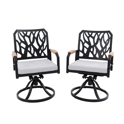 Outdoor Patio K/D Aluminum Stationary Dining Chairs 2PCS with Outdoor-grade Sunbrella Fabric Cushions, Branch-Like Backrest ,FSC-Certified Wood Armrests, Bourbon Brown