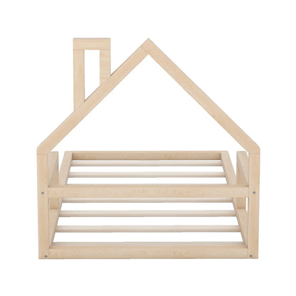 Euroco Twin Size Wood Floor Bed for Kids Room, Toddler House Bed, Natural