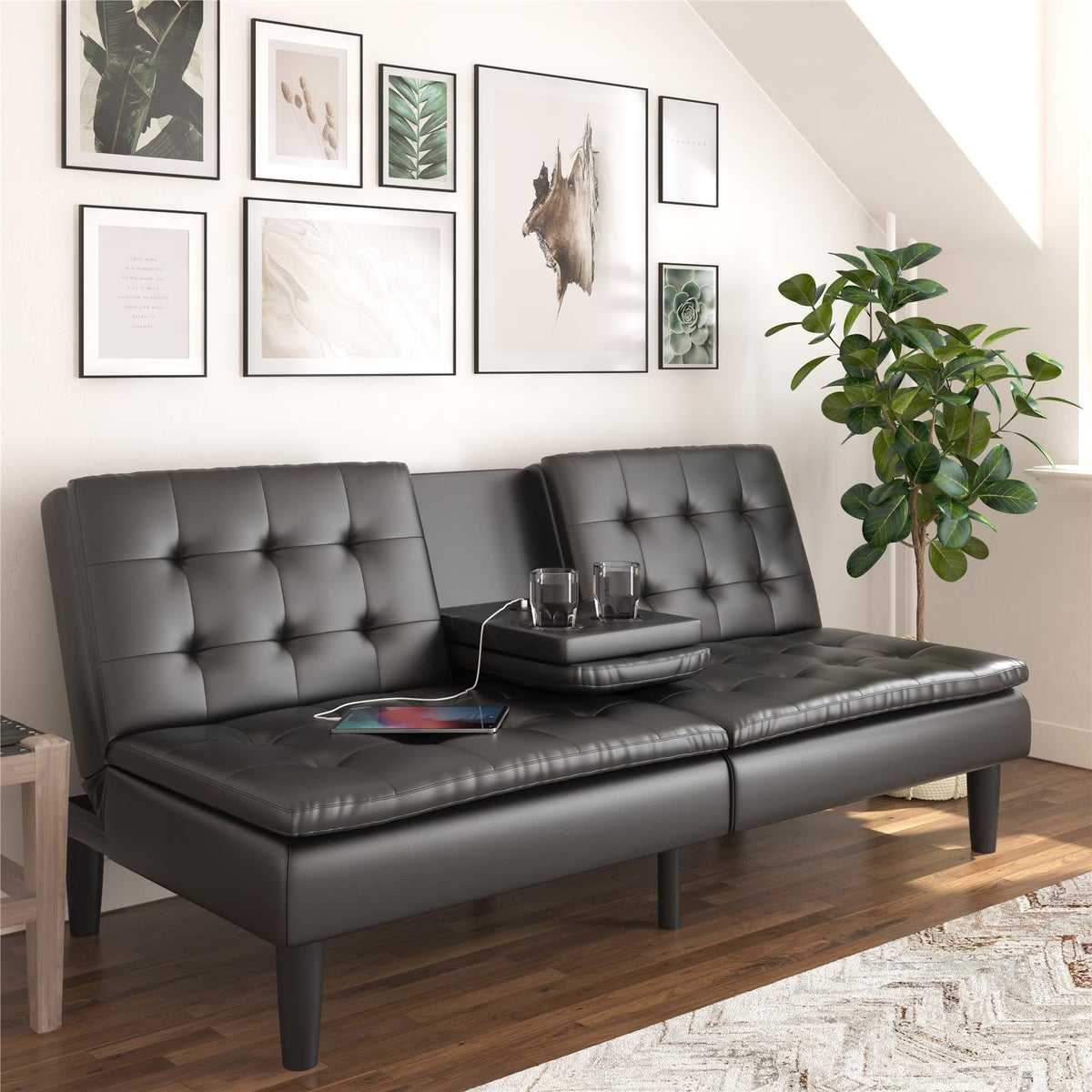 Mainstays Memory Foam 71.5" Futon with Cupholder and USB, Black Faux Leather