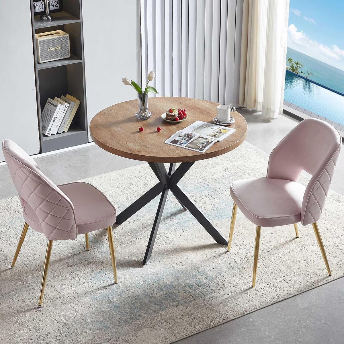 NORDICANA 5-Pieces 37-Inch Dining Table Set for 4 - Space Saving Round Table and Chairs with 4 Seaters Velvet Upholstered Chairs