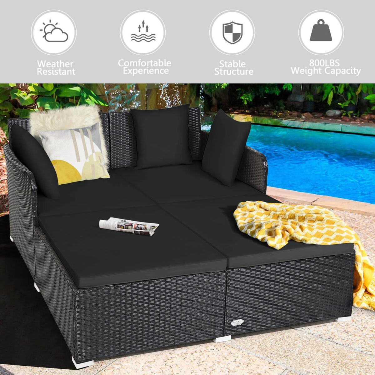 Costway Outdoor Patio Rattan Daybed Pillows Cushioned Sofa Furniture Beige