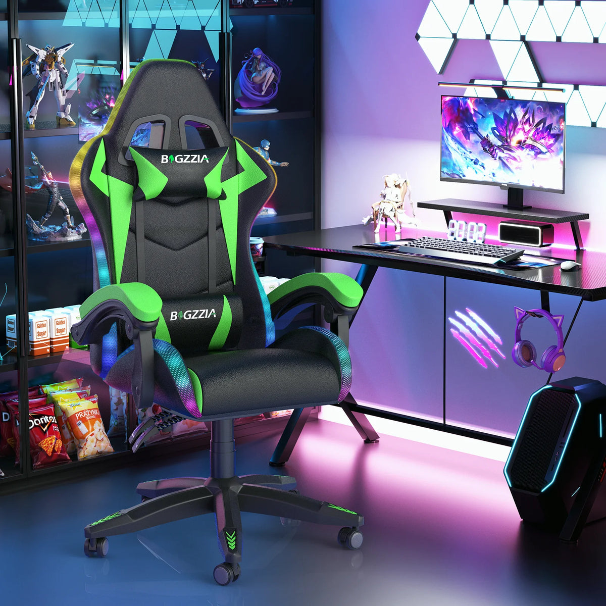 Bigzzia Gaming Chair with LED Lights Ergonomic Office Chair for Adults and Kids - Adjustable Height, 360�� Swivel, Headrest Support, Mesh PU Leather, Black & Green