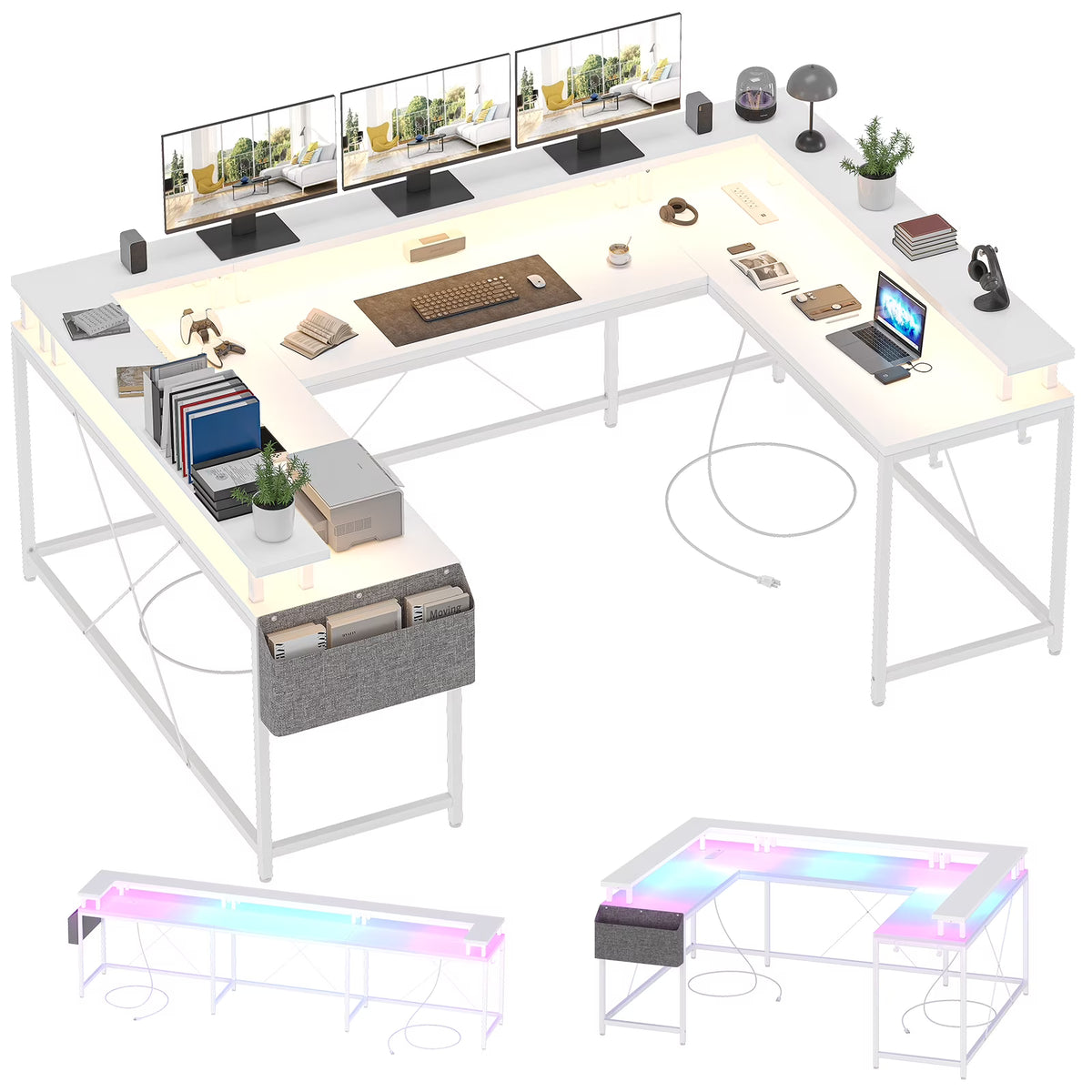 Yesfashion U Shaped Computer Gaming Desk, Reversible L Shaped Desk with Power Outlets, LED Strip & Monitor Stand, Large Corner Desk with Storage Shelves