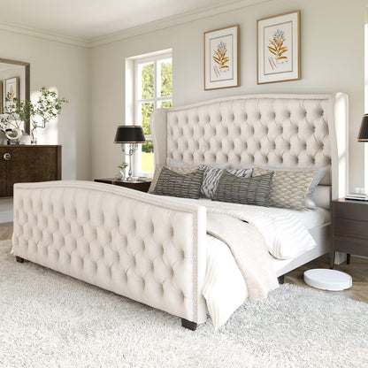 VANACC Queen Size Bed Frame, Velvet Upholstered Bed with Deep Button Tufted Wingback Headboard��Grey