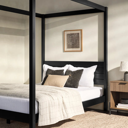Walker Edison Minimalist Slatted Wood Queen Canopy Bedframe, Natural Pine
