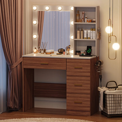 Makeup Vanity with Mirror and 3 Color Lights,Vanity Dressing Table with USB Charging Station,4 Drawers,Open Storage Shelves,White