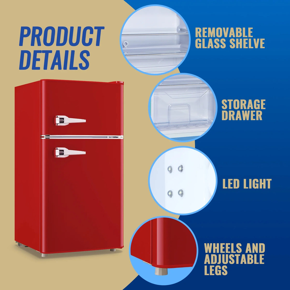 Tacool 3.5 Cu.ft Retro Mini Fridge with Freezer, 2 Door Small Refrigerator with 7 Adjustable Thermostat for Home, Blue